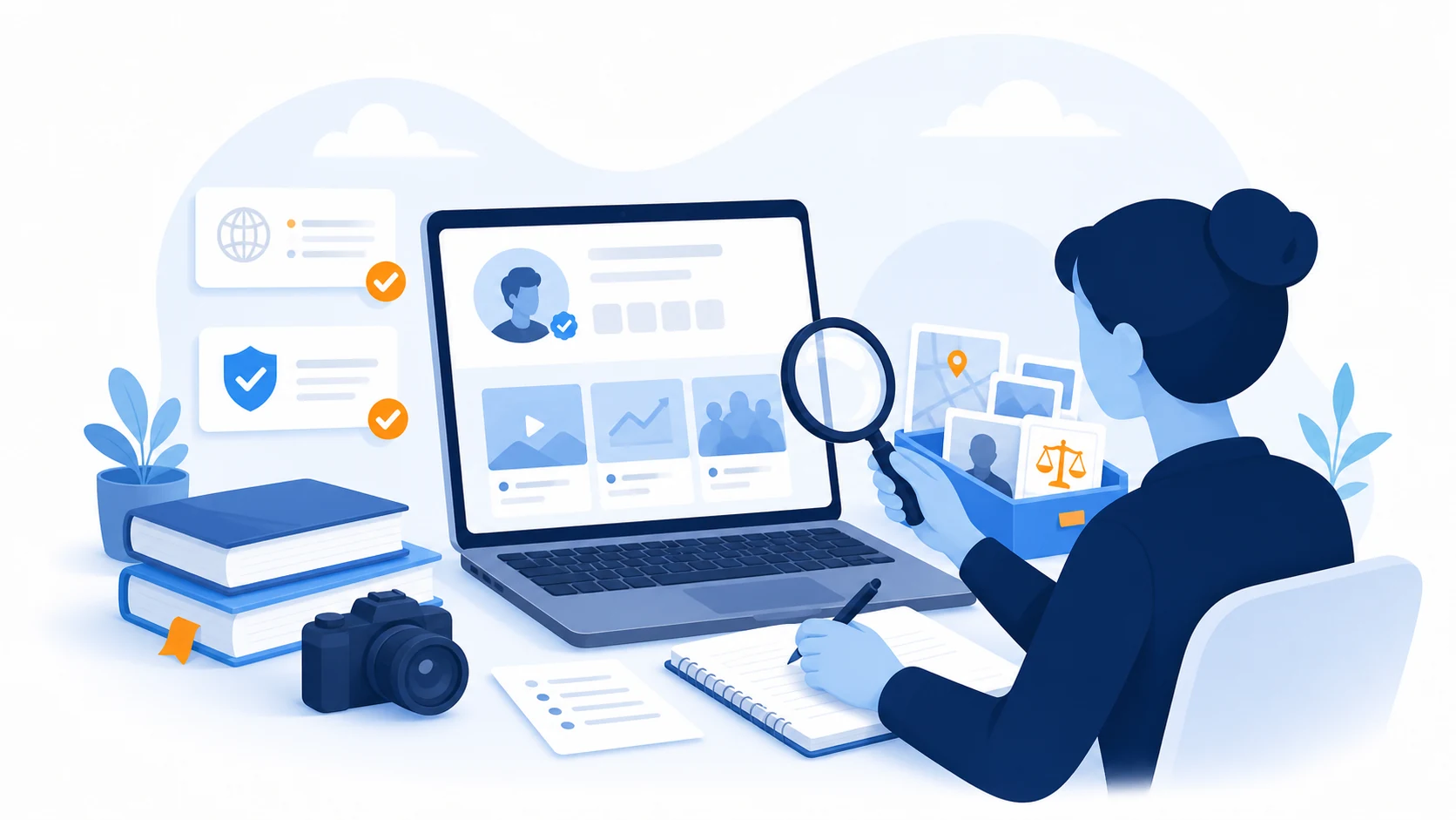 Illustration of a journalist or researcher verifying public profile information