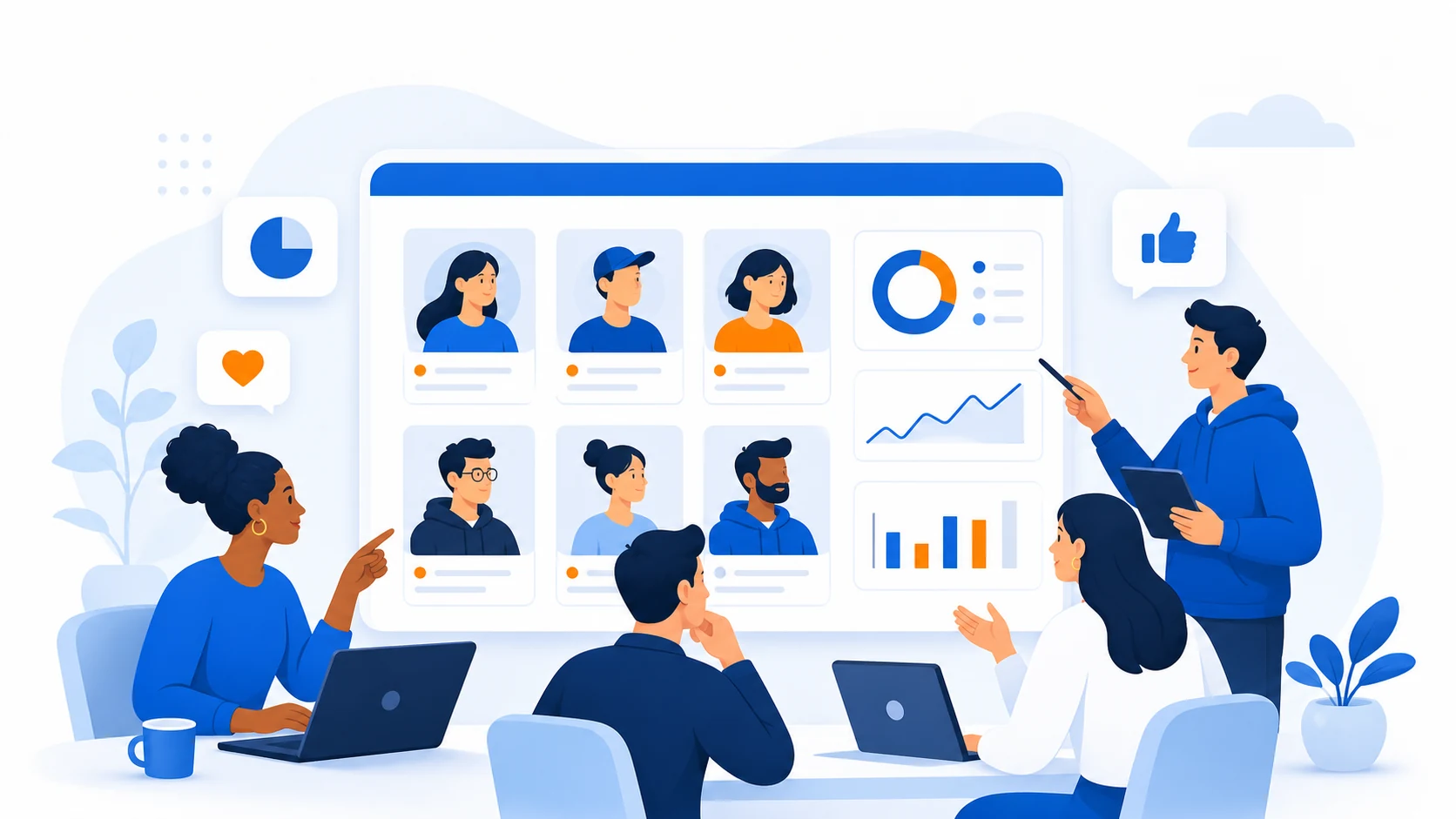 Illustration of a marketing and social media team reviewing public profiles